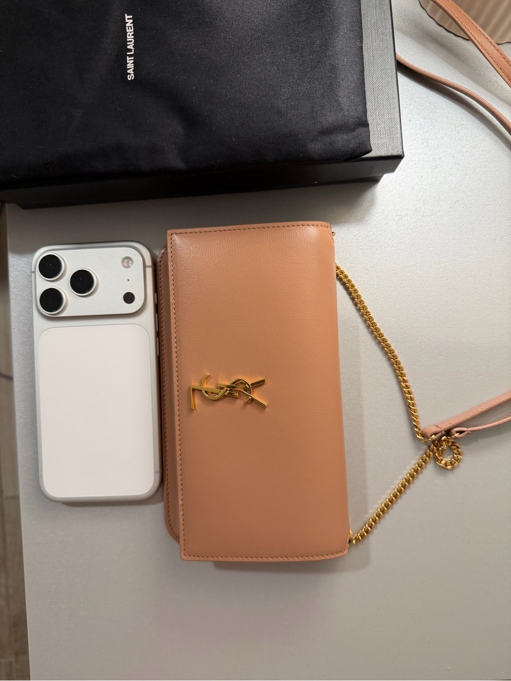 Saint Laurent YSL Cassandre Phone Holder Crossbody Dark Beige Leather Gold Chain - Picture 9 of 9
